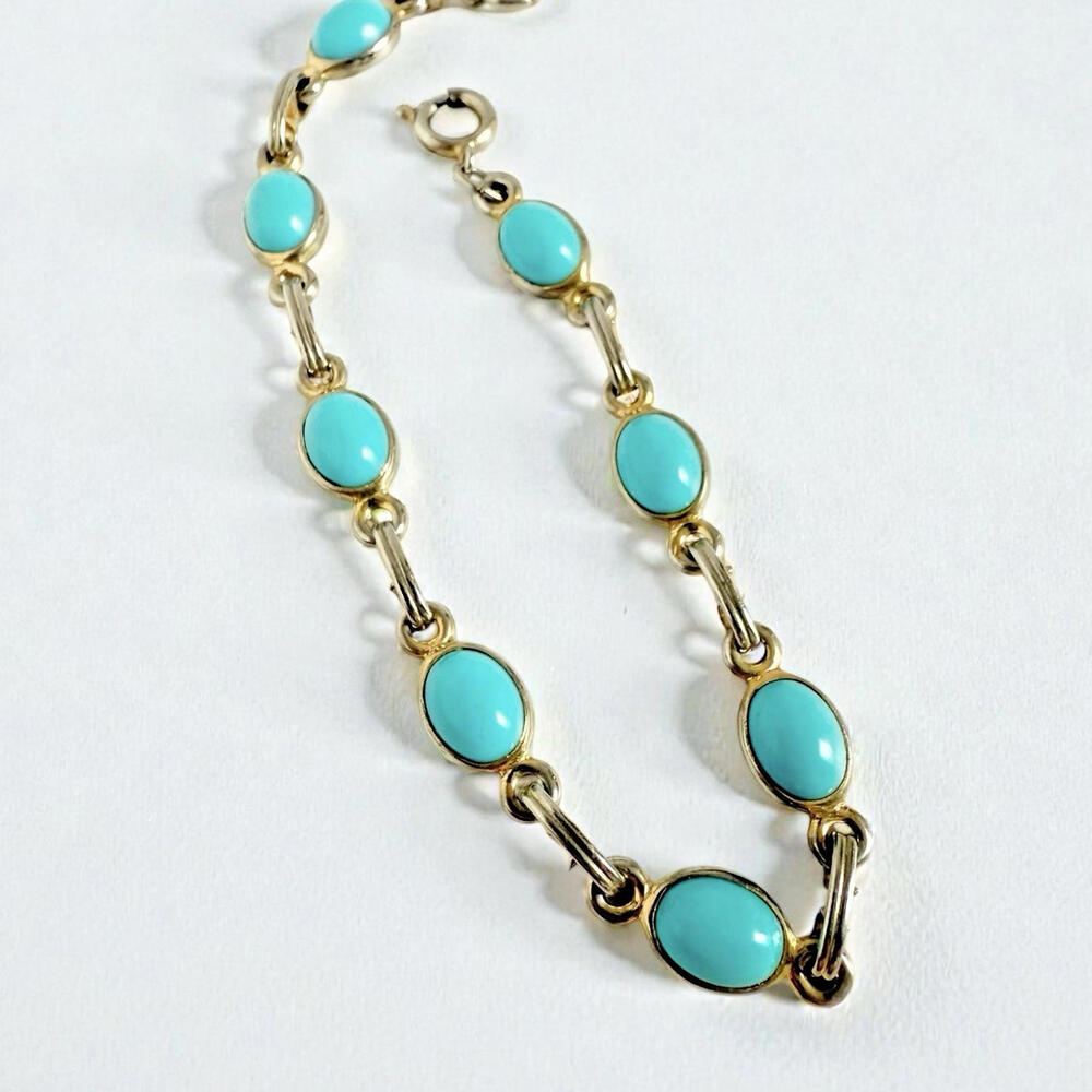 Vintage Turquoise Glass Cabochon Link Bracelet Silver Tone Settings 7.5”